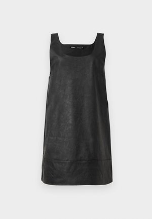 Schwarzes, ärmelloses Lederkleid mit quadratischem Ausschnitt und glatter Textur. Verfügt über einen geraden Schnitt und ein minimalistisches Design.