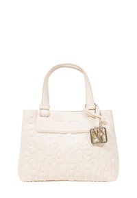 Borsa a tracolla bianca con motivo logo impresso, texture liscia, manico superiore e un accento logo argento sul fronte. Forma rettangolare compatta.