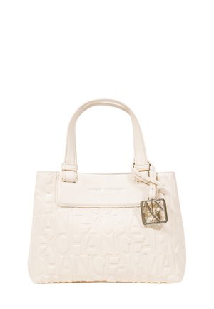 Borsa a tracolla bianca con motivo logo impresso, texture liscia, manico superiore e un accento logo argento sul fronte. Forma rettangolare compatta.