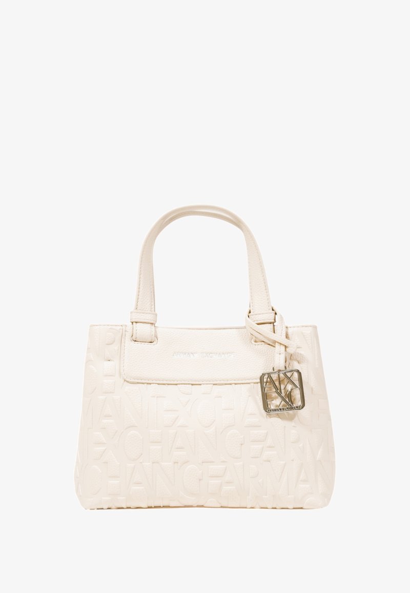 Borsa a tracolla bianca con motivo logo impresso, texture liscia, manico superiore e un accento logo argento sul fronte. Forma rettangolare compatta.