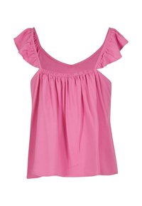 Rosa bomullslös topp utan ärmar med volangaxlar, samlad midja och en lös passform. Slät textur och lätt design som är perfekt för varmt väder.