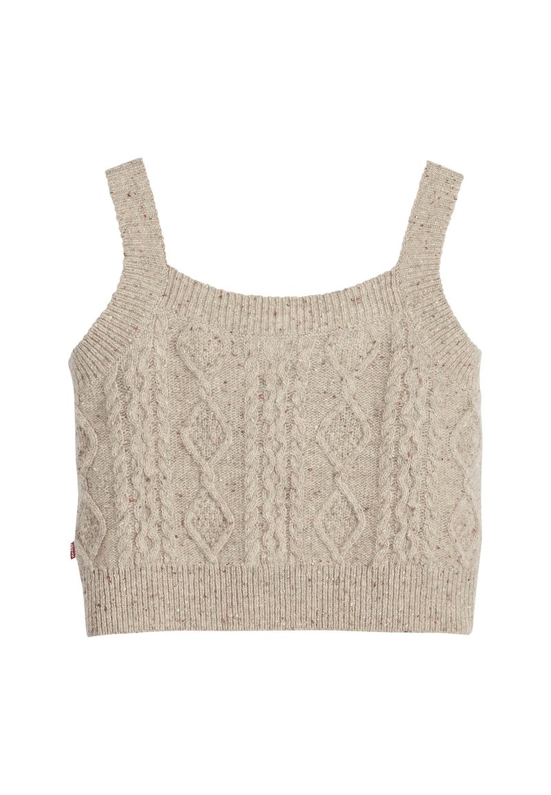 Top corto lavorato a maglia color beige chiaro, con un motivo a treccia testurizzato e scollatura quadrata, spalline larghe e orlo a costine.