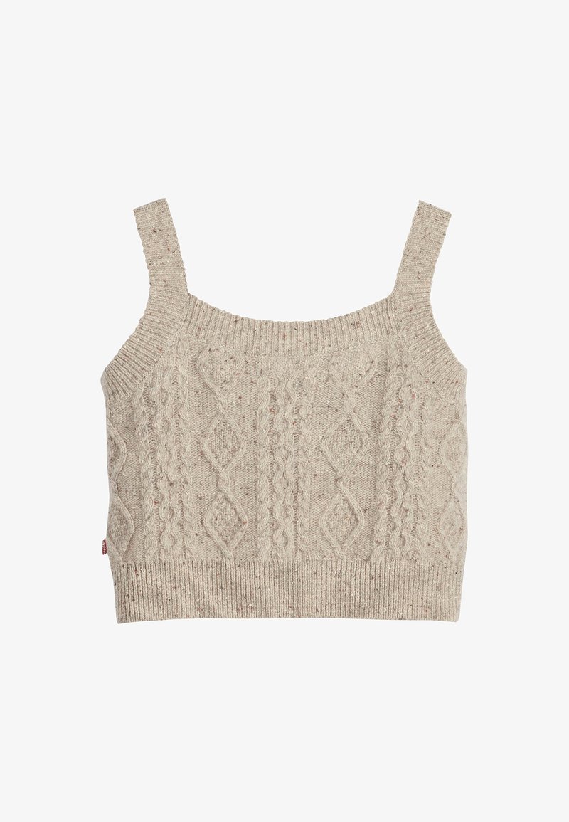 Helles beiges, gestricktes Cropped-Top mit einem strukturierten Zopf-Muster und quadratischem Ausschnitt, dicken Schulterträgern und geripptem Saum.