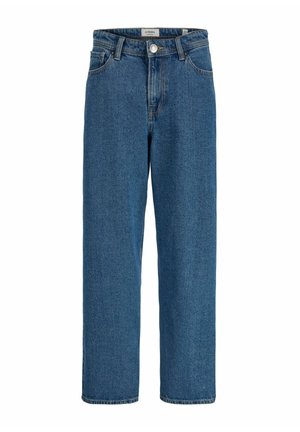 Jean denim bleu pour homme, coupe droite, fermeture par boutons, passants de ceinture et poches avant.