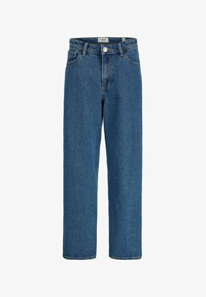 Jean denim bleu pour homme, coupe droite, fermeture par boutons, passants de ceinture et poches avant.