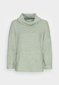 Pull à manches longues vert clair avec col bénitier, texture douce et poignets retroussés. Coupe légèrement ample avec un design confortable.