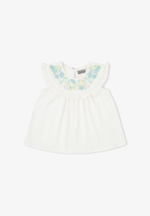 Vestido blanco sin mangas para bebé con cuello con volantes y diseño floral bordado en azul y amarillo a lo largo del escote.