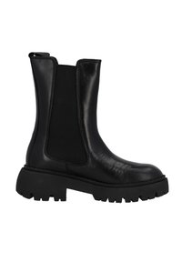 Bottines noires en cuir avec des panneaux élastiques sur les côtés, semelle en caoutchouc épaisse, bout rond et finition texturée. Design léger et durable.