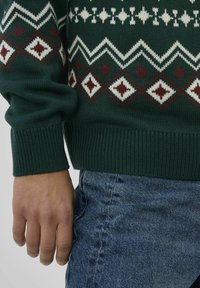 Pull vert en tricot avec des motifs géométriques blancs et bordeaux, poignets et ourlet côtelés, associé à un jean en denim bleu délavé.