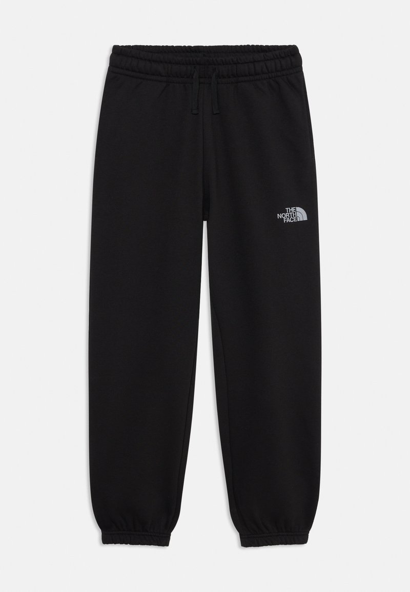Svarta sweatpants i mjukt tyg, med elastisk midja, mudd och en reflekterande logotyp på vänstra låret.