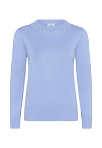 Maglione azzurro chiaro in un morbido tessuto a maglia. Presenta un collo rotondo ed è decorato con piccole perle lungo il colletto. Maniche lunghe.