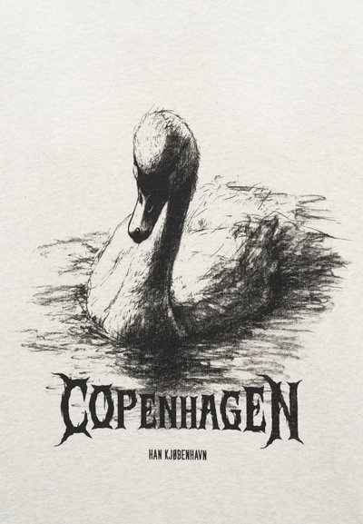 Ασπρόμαυρο σκίτσο ενός κύκνου που επιπλέει στο νερό πάνω από τη λέξη «Κοπεγχάγη» σε γοτθική γραμματοσειρά.