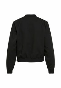 Schwarze Bomberjacke mit geripptem Kragen, Bündchen und Saum, von hinten auf einem weißen Hintergrund gezeigt.