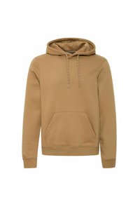 Brown hooded sweatshirt with a front pouch pocket, drawstring hood, ribbed cuffs, and hem. Made of soft, textured fabric.