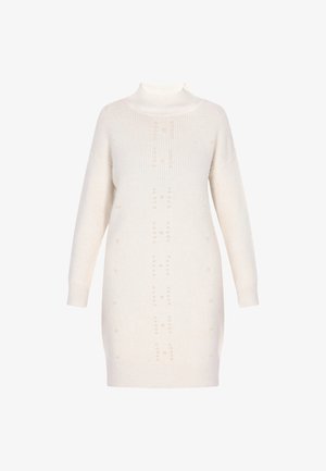 Gebreid sweaterjurk in crème met een hoge hals, lange mouwen, een textuur van ribpatroon en decoratieve kralenaccenten aan de voorkant.