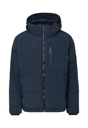 Granatowa pikowana kurtka puchowa z zamkiem błyskawicznym, kapturem i pikowanym wzorem. Posiada kieszeń na piersi oraz kieszenie po bokach na przechowywanie. Miękka w dotyku.