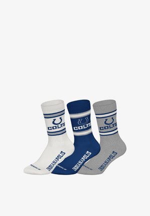 Three pairs of crew socks in white, navy blue, and gray. Each features contrasting stripes and logos, with "COLTS" and "INDIANAPOLIS" text.