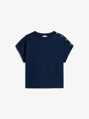 Navy blue short-sleeve shirt with a round neckline, featuring gold button details on the shoulder and a relaxed fit made of soft fabric.