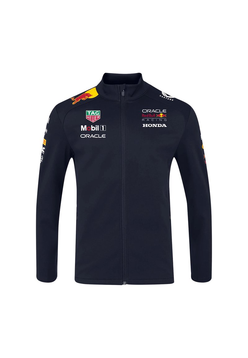 Granatowa kurtka na zamek z gładkiego materiału, z logo Red Bull Racing, Honda i TAG Heuer umieszczonymi na przodzie i rękawach.