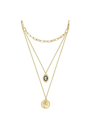 Collier en or à trois couches avec une chaîne épaisse, un pendentif camée noir et blanc, et un pendentif rond en forme de pièce avec un profil de visage.