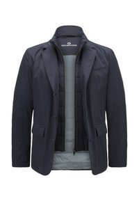 Marineblaue, wasserdichte Jacke mit strukturiertem Design, ausgestattet mit einem Reißverschluss, Innenpolsterung und zwei vorderen Taschen für praktische Nutzung.