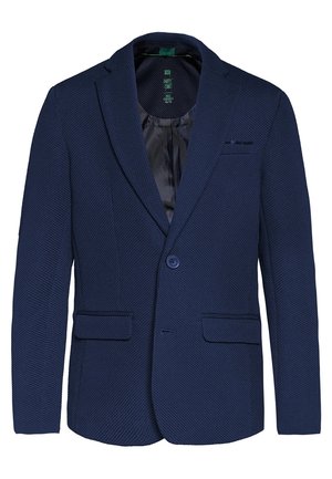 Blazer texturé marine avec un col cranté, fermeture à un bouton, deux poches avant et une doublure intérieure. Motif tissé subtil visible.