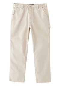 Pantalon en coton beige avec une coupe droite. Comprend deux poches avant, une poche latérale et des passants de ceinture. Texture lisse et tissu résistant.