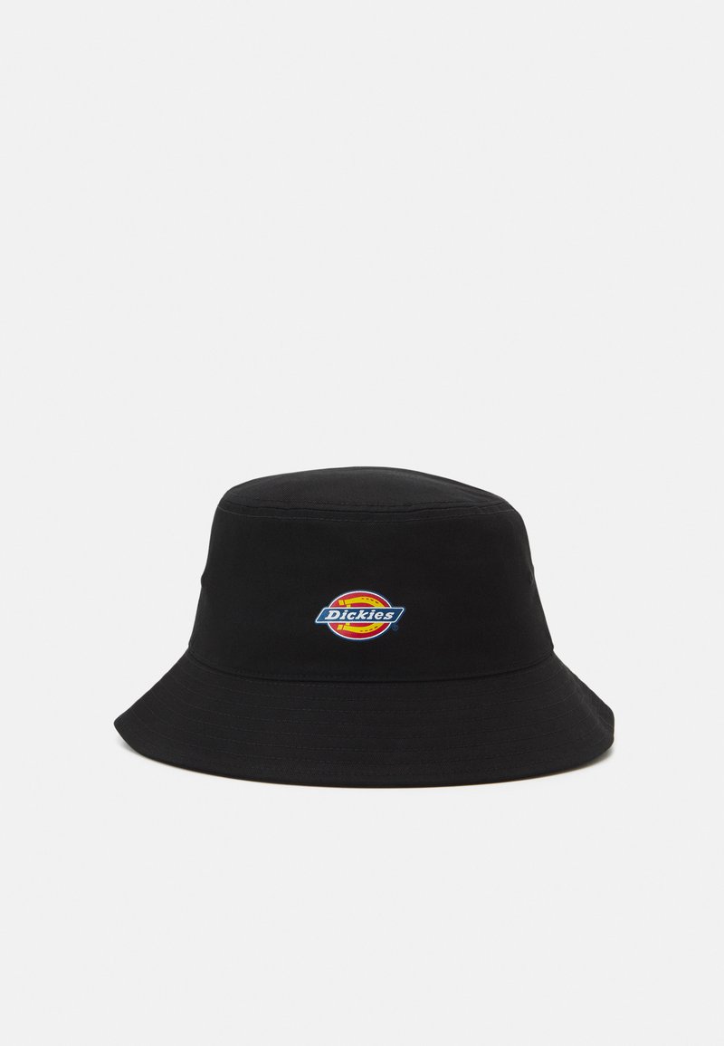 Black bucket hat made of fabric, featuring a circular Dickies logo patch in red, yellow, and blue on the front. Lightweight and structured design.