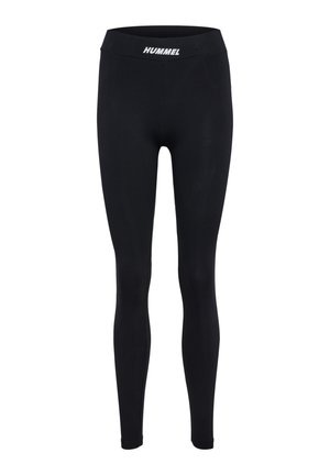 Zwarte sportlegging met volledige lengte en elastische tailleband met wit "HUMMEL" logo aan de voorkant in het midden.
