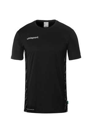 Sort trænings t-shirt med korte ærmer, der har en rund halsudskæring og et tekstureret design langs siderne; inkluderer "uhlsport" logo.