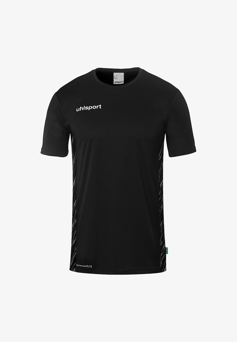 Sort trænings t-shirt med korte ærmer, der har en rund halsudskæring og et tekstureret design langs siderne; inkluderer "uhlsport" logo.