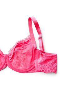 Rozā mežģīņu krūšturis ar gludu satīna apdari, kam ir caurspīdīgas daļas, dekoratīva mežģīņu mala un regulējamas satīna lences.