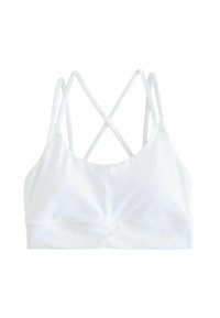 Witte sportbeha met een gladde stoftextuur. Heeft dunne, kruislings verlopende schouderbanden en een geraffineerde detail aan de voorkant voor een extra stijl.