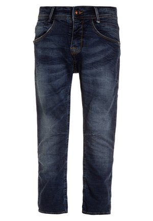 Dunkelblaue Jeans aus Denim mit geradem Bein, ausgestattet mit fünf Taschen, kontrastierenden Nähten und einer leicht abgenutzten Textur.