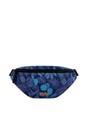 Blue waist bag with tropical leaf and fruit pattern, black zipper, and small rectangular brown brand label "Cabaia" on the front.