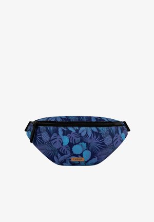 Blue waist bag with tropical leaf and fruit pattern, black zipper, and small rectangular brown brand label "Cabaia" on the front.