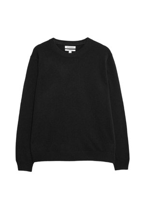 Black crew neck sweater made of soft fabric. Features long sleeves and a relaxed fit. Simple, solid color without patterns or accents.