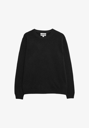 Black crew neck sweater made of soft fabric. Features long sleeves and a relaxed fit. Simple, solid color without patterns or accents.