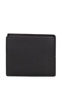 Portafoglio in pelle nera con design pieghevole, texture liscia e cuciture visibili lungo i bordi. Presenta diversi scomparti per carte.
