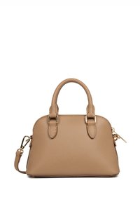 Borsa a mano in pelle beige con finitura testurizzata, manici superiori arrotondati e tracolla rimovibile. Presenta dettagli in metallo dorato.