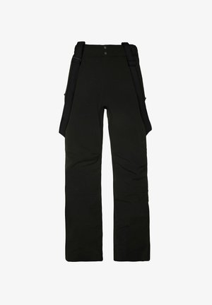 Schwarze Schnee-Hosen aus strapazierfähigem Material, mit verstellbaren Trägern, einem Taillenbund mit zwei Knöpfen und einem geraden Bein.