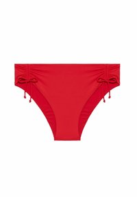 Fundă de bikini roșie cu design cu laterale făcute, accente cu șnur și țesătură netedă, elastică. Prezintă o croială clasică, cu acoperire medie.