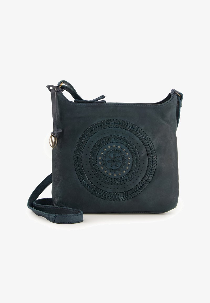 Dunkelblaues Leder-Crossbody-Tasche mit rundem, geprägtem Design, geflochtenen Akzenten und Metallnieten. Verfügt über einen verstellbaren Riemen und einen oberen Reißverschluss.