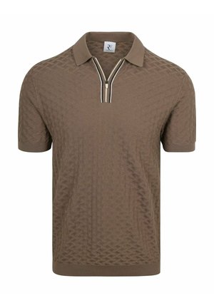 Bruin polohemd met korte mouwen, een gestructureerd patroon en een halve rits met beige en witte strepen bij de kraag.
