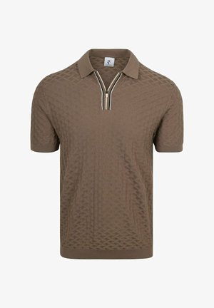 Braunes kurzärmliges Poloshirt mit strukturiertem Muster und einem halben Reißverschluss mit beige-weißen Streifen am Kragen.