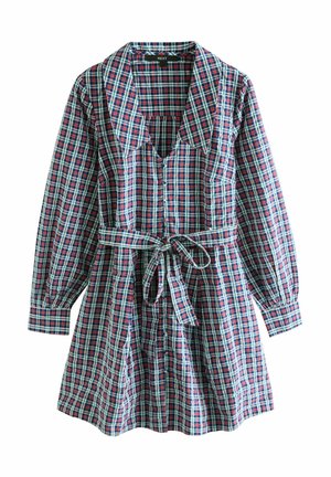 Karokleid aus Baumwollmischung mit tiefem V-Ausschnitt, langen Puffärmeln und Taillengürtel. Farben: Navy, Rot und Weiß.