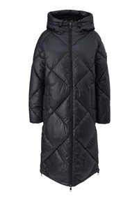 Čierna puffer bunda s diamantovým prešívaným vzorom, vysokým golierom s kapucňou a predným zipsom. Obsahuje krátke rukávy a vrecká.