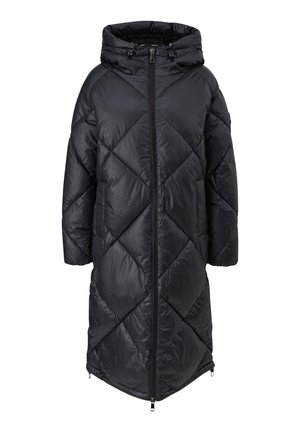 Zwarte donsjas met een ruitpatroon, een hoge kraag met capuchon en een ritssluiting aan de voorkant. Korte mouwen en zakken inbegrepen.