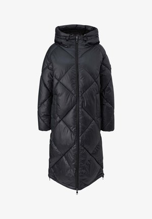 Zwarte donsjas met een ruitpatroon, een hoge kraag met capuchon en een ritssluiting aan de voorkant. Korte mouwen en zakken inbegrepen.