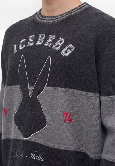 Pull rayé gris foncé et gris clair avec le texte "ICEBERG", silhouette noire de lapin, chiffres rouges "74" et inscription "Milano Italia".